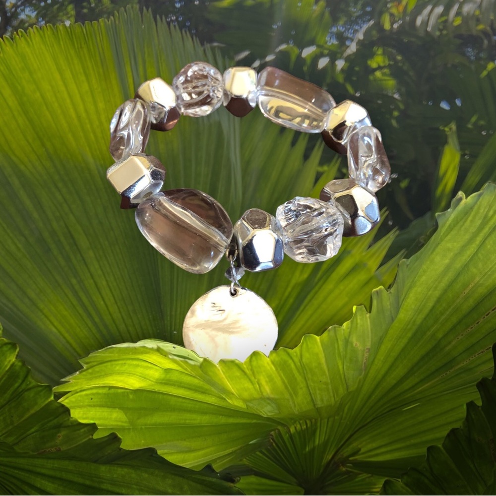 Beaded Stretch Bracelet with Silver Circular Accent Women's Clear/Silver